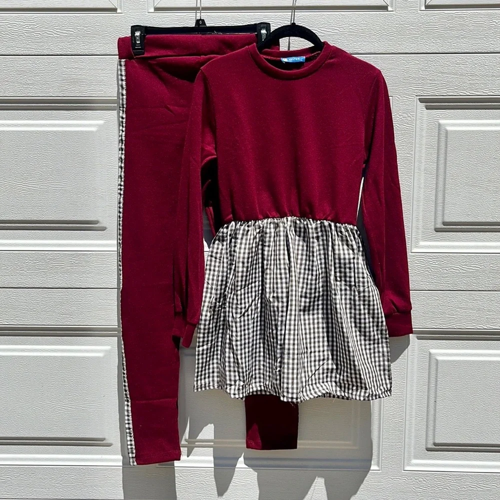 Set of 2 Kocer Girl’s Checkered Sweatshirt and Pants Set - Picture 2 of 7
